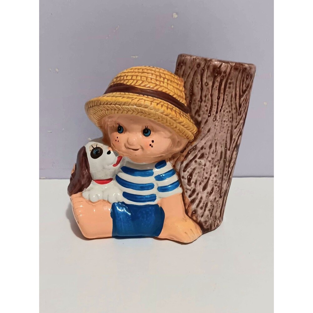 J.S.N.Y. Vintage Boy Dog Tree Bud Vase/ Pen Holder Figurine Ceramic Home Decor